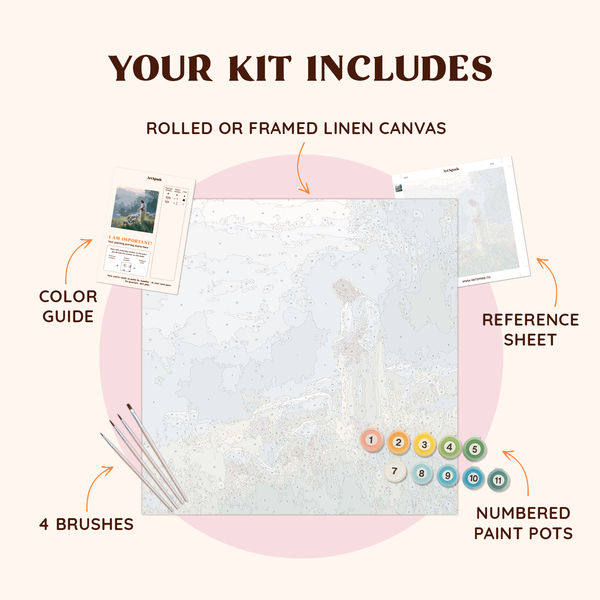 Flatlay of the Gentle Keeper paint by numbers kit with canvas, paints, brushes, and reference materials