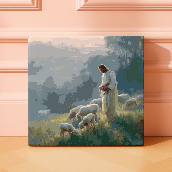 Finished Gentle Keeper paint by numbers artwork of Jesus watching over sheep in a sunlit meadow