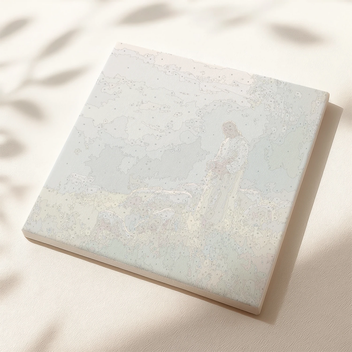 Numbered canvas preview for Gentle Keeper paint by numbers showing Jesus and grazing sheep outlines
