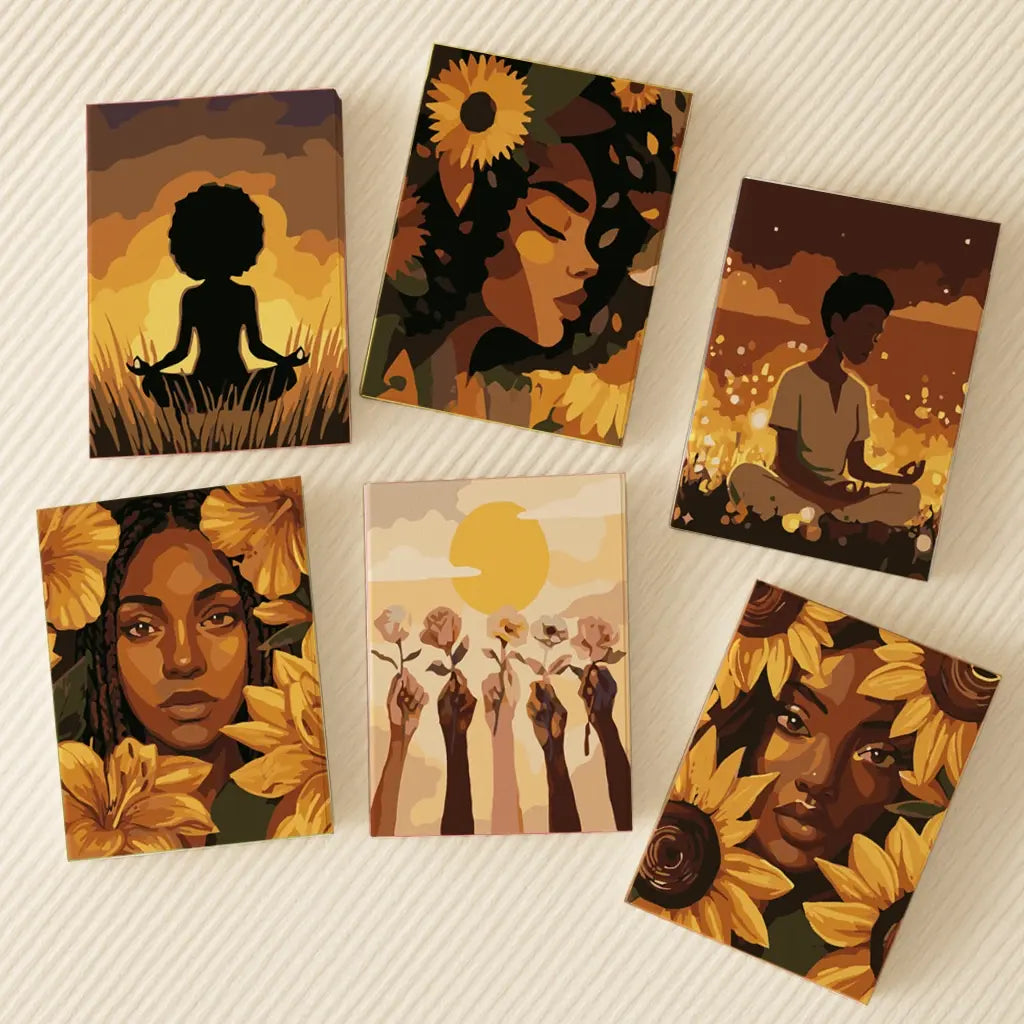 Golden Calm paint by numbers set of 6 featuring peaceful figures, sunflowers, and warm golden tones
