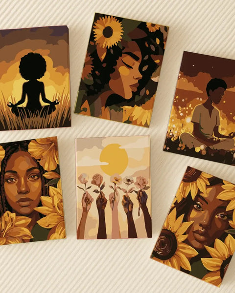 Golden Calm paint by numbers set of 6 featuring peaceful figures, sunflowers, and warm golden tones