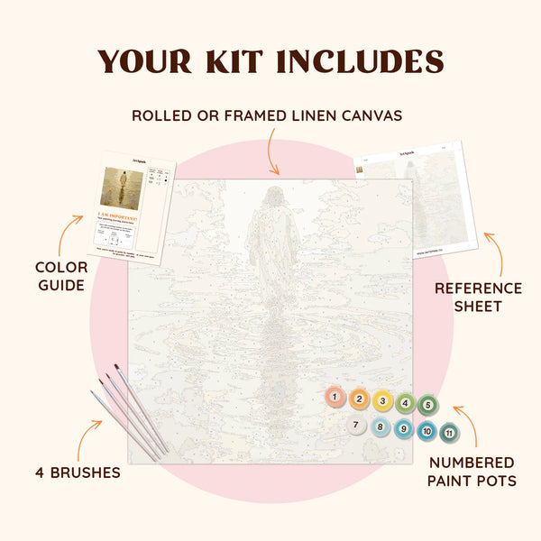 Flatlay of the Golden Steps paint by numbers kit including canvas, paints, brushes, and reference materials