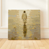 Finished Golden Steps paint by numbers artwork showing Jesus walking on water in golden light