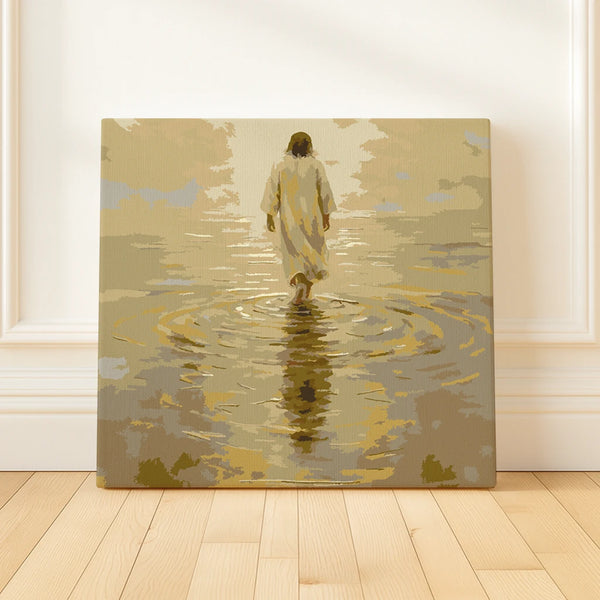 Finished Golden Steps paint by numbers artwork showing Jesus walking on water in golden light
