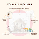 Flatlay of the Holy Night paint by numbers kit with canvas, paints, brushes, and reference materials