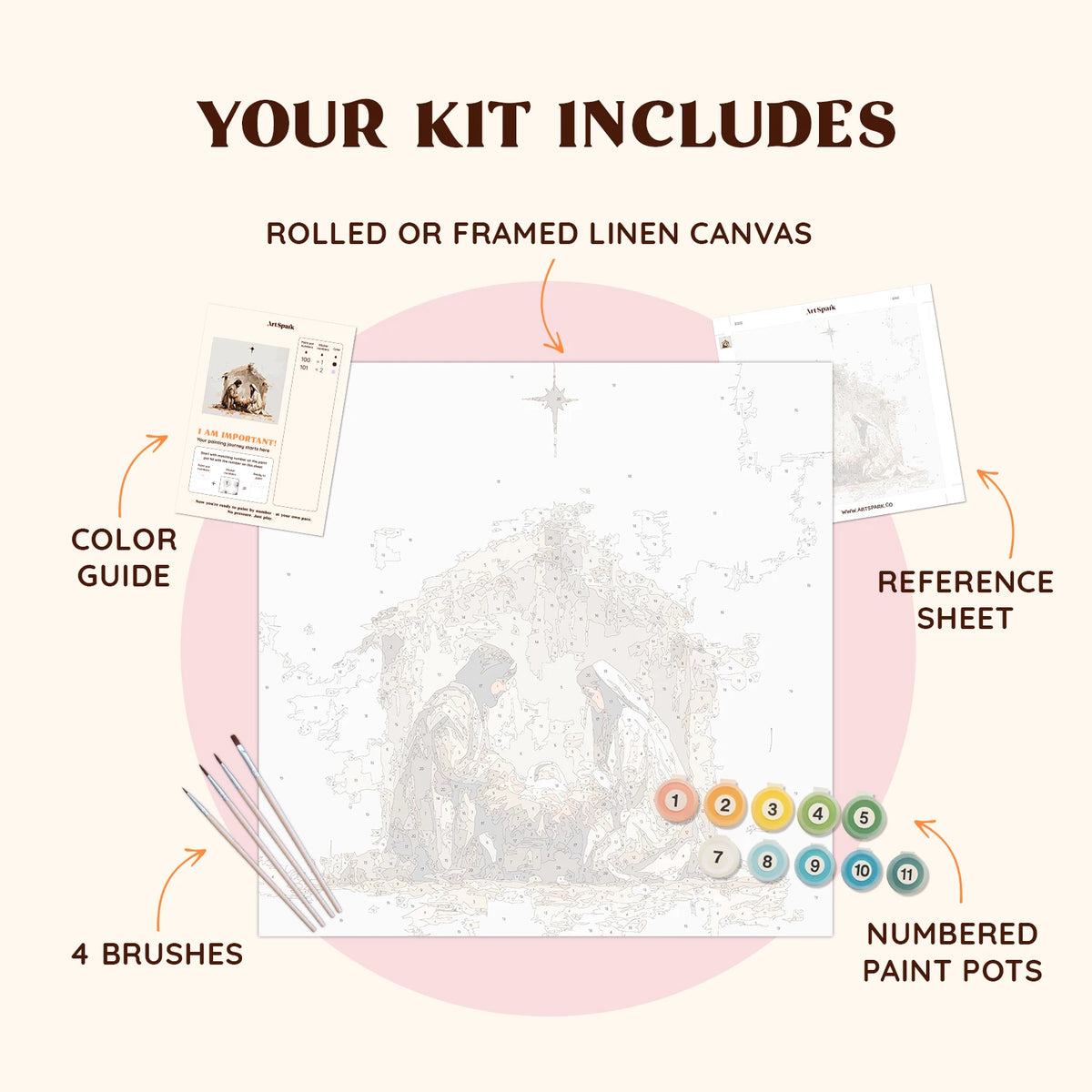 Flatlay of the Holy Night paint by numbers kit with canvas, paints, brushes, and reference materials