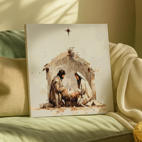 Finished Holy Night paint by numbers artwork featuring a peaceful Nativity scene