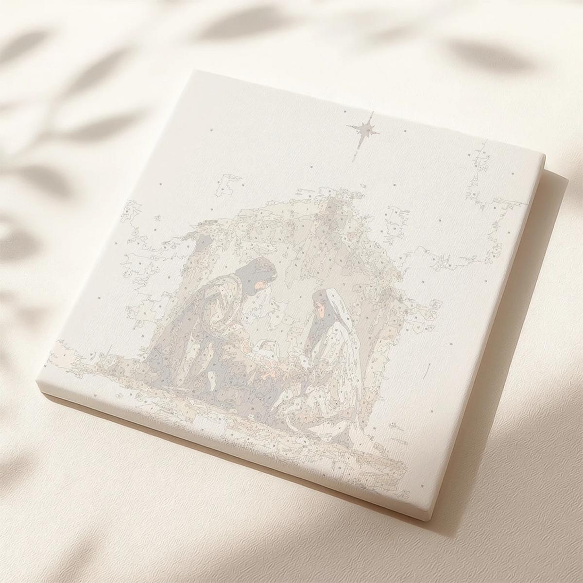 Numbered canvas preview for the Holy Night paint by numbers showing Nativity outlines