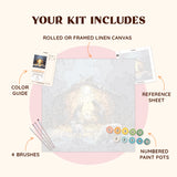 Flatlay of the Holy Snowfall paint by numbers kit with canvas, paints, brushes, and reference materials