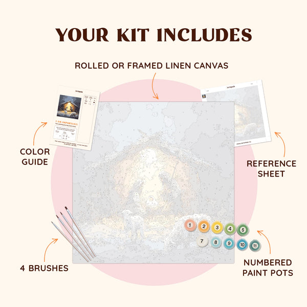 Flatlay of the Holy Snowfall paint by numbers kit with canvas, paints, brushes, and reference materials