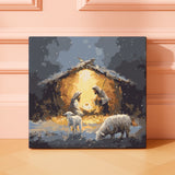 Finished Holy Snowfall paint by numbers artwork depicting a glowing Nativity scene on a snowy night