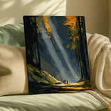 Paint by numbers artwork showing sun rays cutting through a dense forest, illuminating a quiet path with two small figures in the distanc