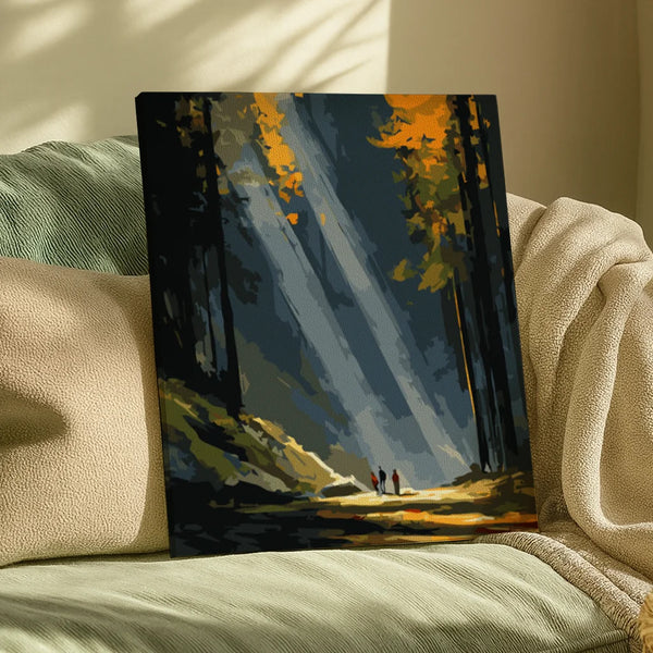 Paint by numbers artwork showing sun rays cutting through a dense forest, illuminating a quiet path with two small figures in the distanc
