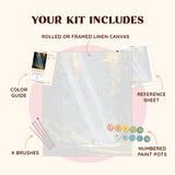 Lightfall paint by numbers kit with numbered canvas, reference sheet, color guide and acrylic paint pots