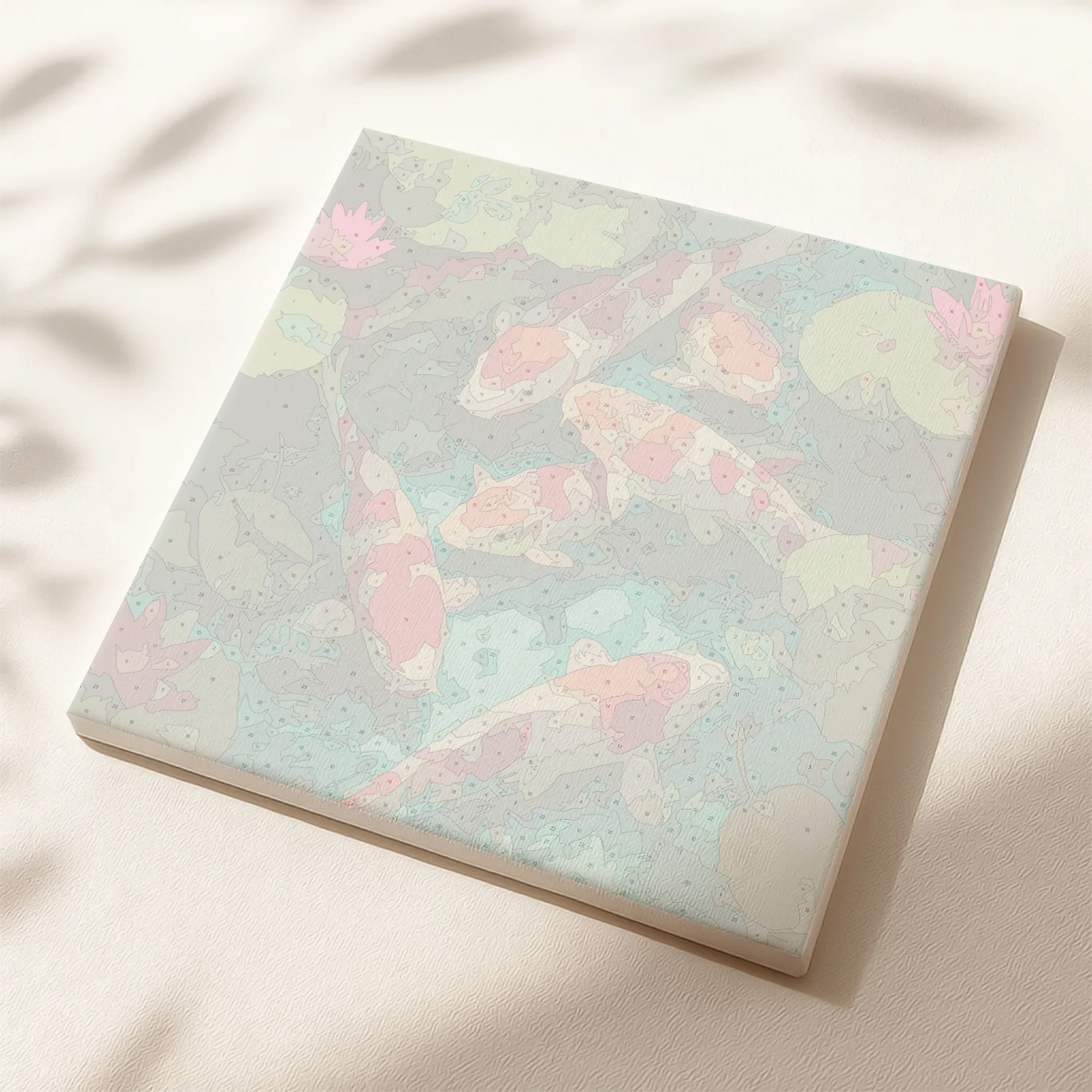 Unpainted Living Color paint by numbers canvas showing numbered koi fish, water reflections, and lotus leaves