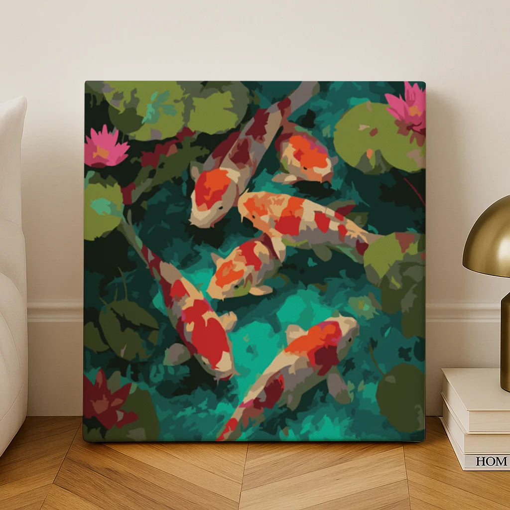 Overhead view of koi fish swimming in a turquoise pond with green lily pads and pink lotus flowers, Living Color paint by numbers artwork