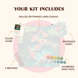 Living Color paint by numbers kit with numbered canvas, paint pots, brushes, reference sheet, and color guide