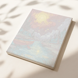 Angled view of textured canvas featuring a moonlit river and forest scene before painting
