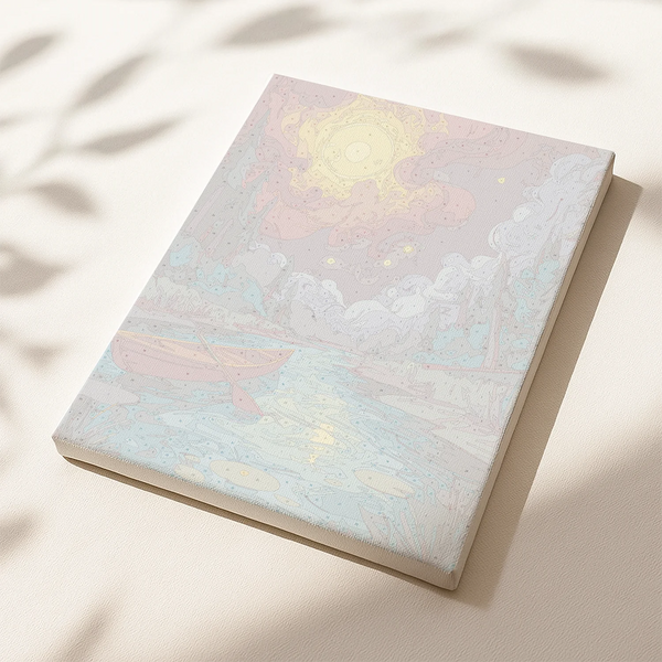 Angled view of textured canvas featuring a moonlit river and forest scene before painting
