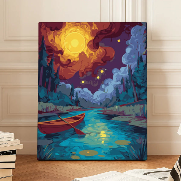 Moonlit river flowing through a forest with glowing reflections and dramatic clouds, paint by numbers canvas artwork