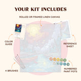 Paint by numbers kit showing luminous river landscape with moon, numbered canvas, paint pots and brushes