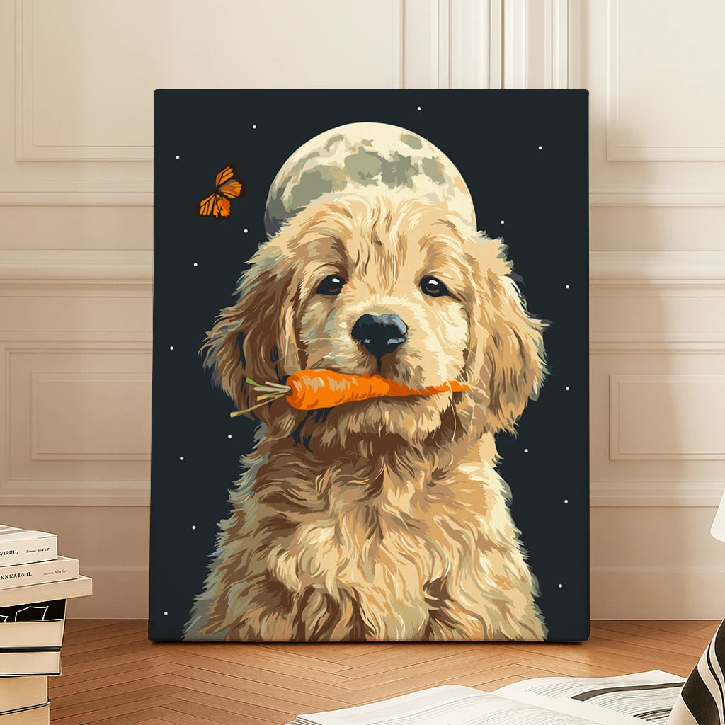Moonlit Mischief paint by numbers kit featuring a puppy holding a carrot under a full moon