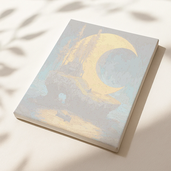 Moonlit Refuge pre-printed numbered canvas for painting with detailed moonlit landscape outline