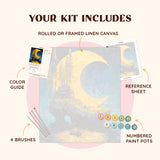 Moonlit Refuge paint by numbers kit including linen canvas, brushes, color guide and paint pots