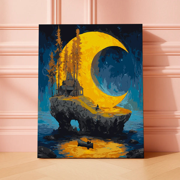 Moonlit Refuge paint by numbers kit design with glowing crescent moon, rocky island and pine trees