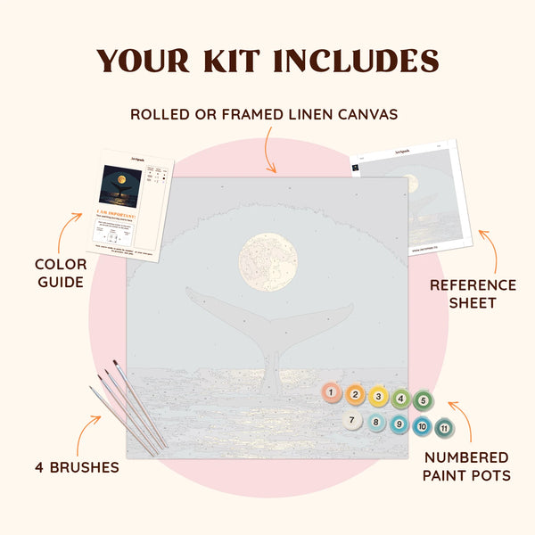 Flatlay of the Night Whale paint by numbers kit with canvas, paints, brushes, and reference materials