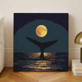 Finished Night Whale paint by numbers artwork with whale tail and full moon over the ocean