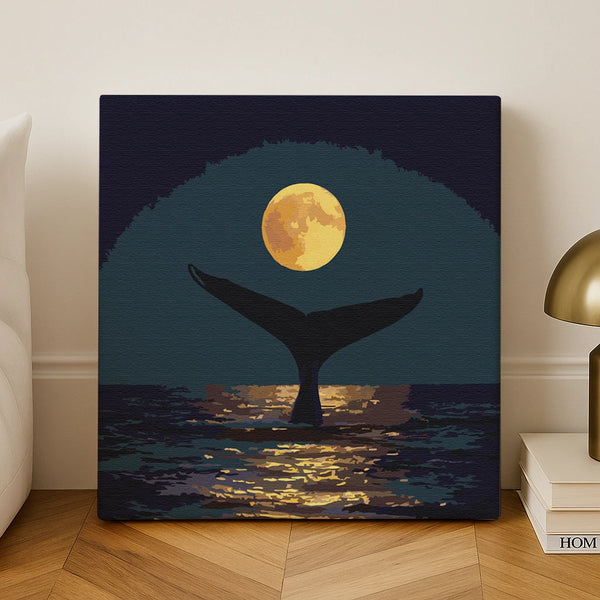 Finished Night Whale paint by numbers artwork with whale tail and full moon over the ocean