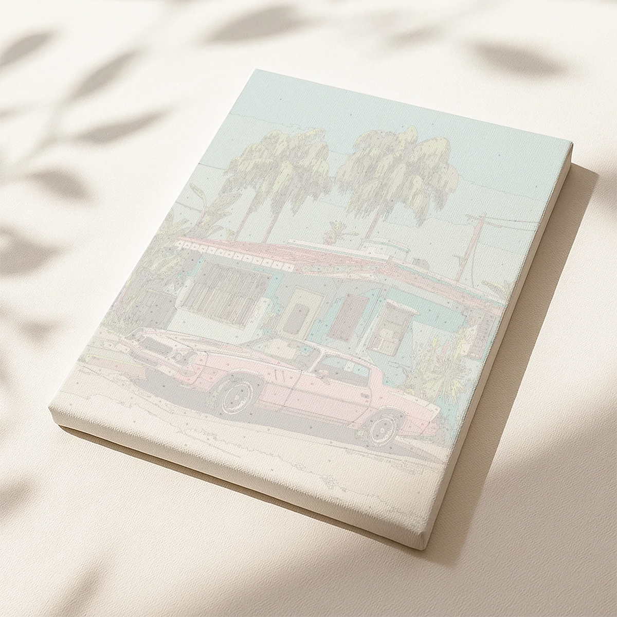 Framed paint by numbers canvas depicting a retro palm-lined street with a pastel house and classic pink car