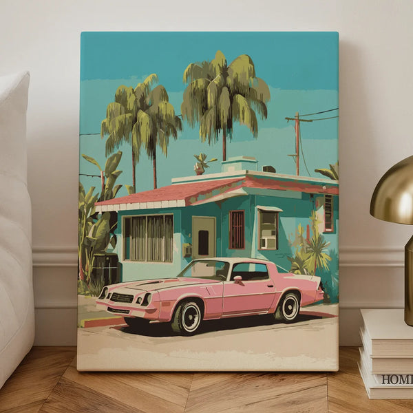 Paint by numbers artwork showing a pink vintage car parked in front of a mid-century house with palm trees on a sunny street
