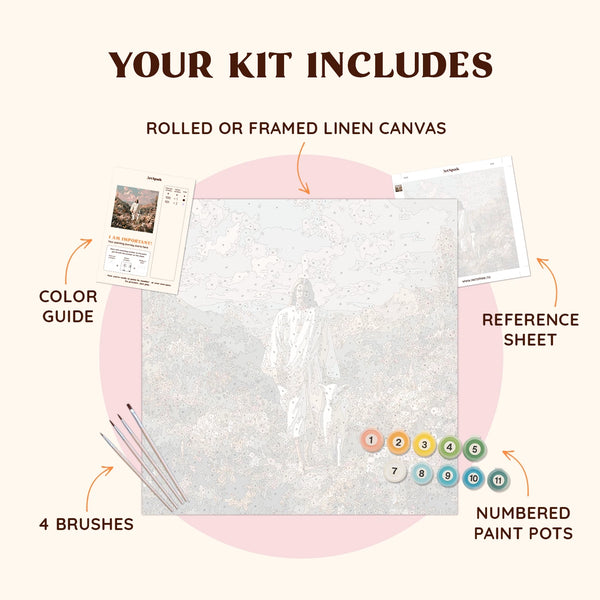 Flatlay of the Peaceful Step paint by numbers kit with canvas, paints, brushes, and reference materials