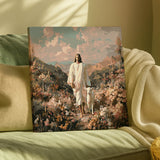 Finished Peaceful Step paint by numbers artwork of Jesus walking with a lamb through a floral hillside