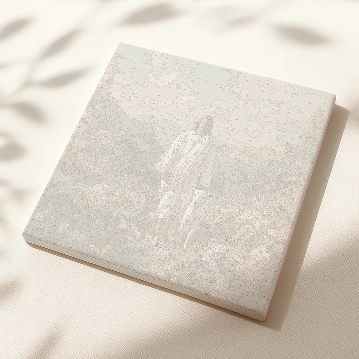Numbered canvas preview for Peaceful Step paint by numbers showing Jesus and lamb outlines