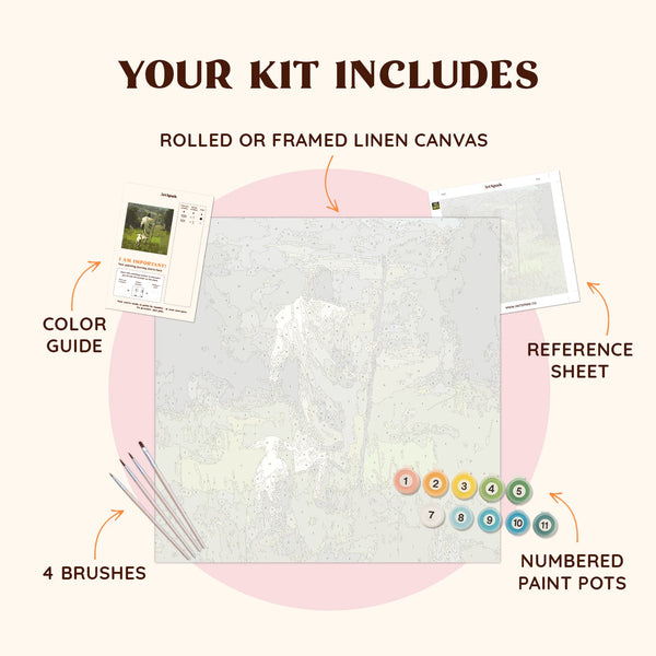 Flatlay of the Peacewalk paint by numbers kit with canvas, paints, brushes, and reference materials