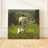 Finished Peacewalk paint by numbers artwork of Jesus walking with a lamb in a peaceful green field