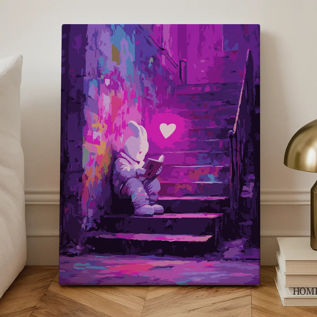 Finished paint by numbers artwork showing a white rabbit sitting on stone steps under a glowing pink heart in an urban street art scene
