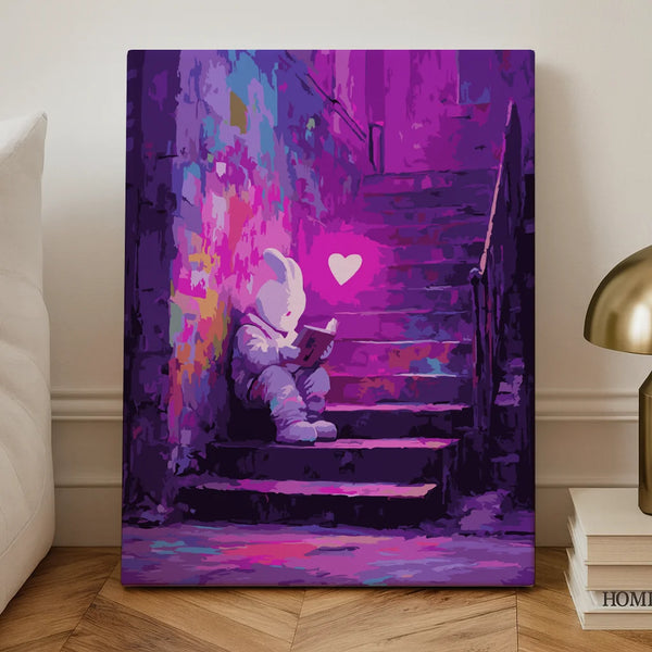Finished paint by numbers artwork showing a white rabbit sitting on stone steps under a glowing pink heart in an urban street art scene
