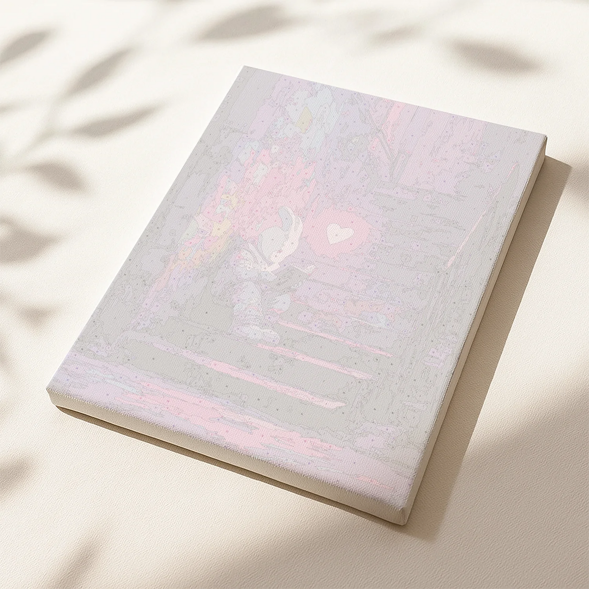 Unpainted paint by numbers canvas for Pink Heart showing detailed numbered outlines of a rabbit on stairs with a heart on the wall
