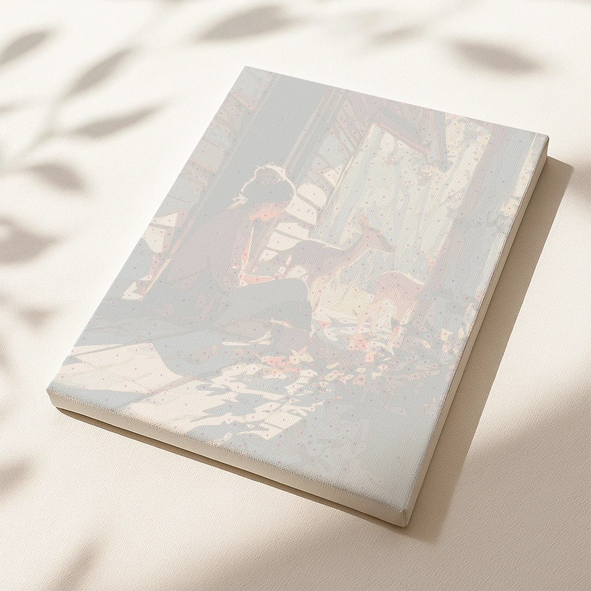 Pre-printed numbered canvas of Quiet Morning at the Cabin showing forest scene with girl and deer