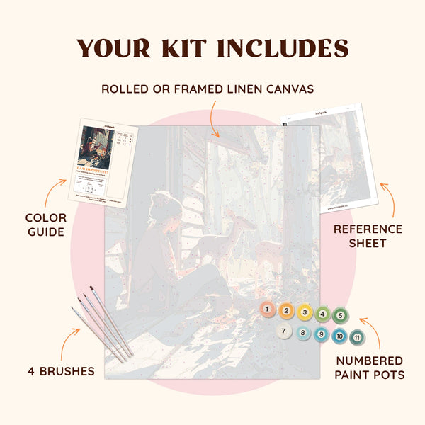 Quiet Morning at the Cabin kit contents with linen canvas, brushes, color guide and paint pots