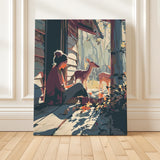 Quiet Morning at the Cabin paint by numbers design with woman sitting on porch beside deer in warm forest light