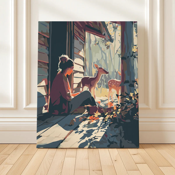 Quiet Morning at the Cabin paint by numbers design with woman sitting on porch beside deer in warm forest light