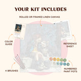 Sidewalk Bond paint by numbers kit showing the numbered canvas, reference sheet, brushes, and paint pots layout.