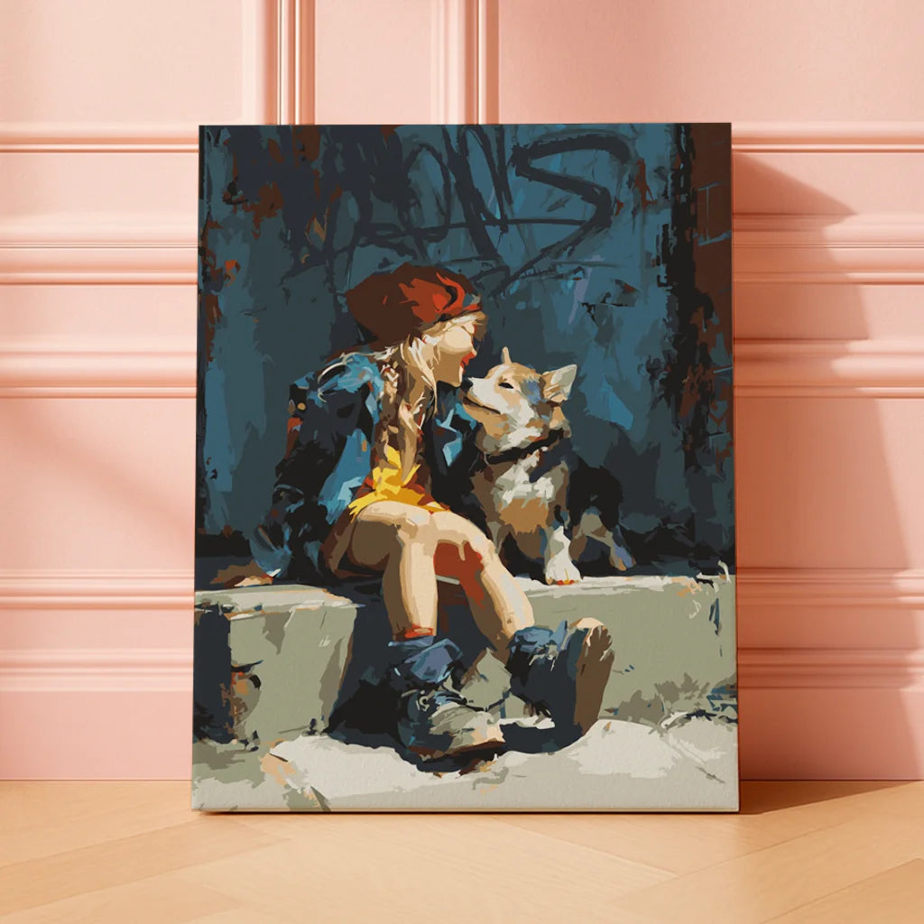 Finished paint by numbers artwork showing a young woman sitting on a sidewalk with her dog in an urban setting, painted in a modern expressive style.
