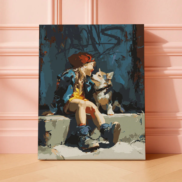 Finished paint by numbers artwork showing a young woman sitting on a sidewalk with her dog in an urban setting, painted in a modern expressive style.
