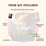 Smoke & Stillness kit contents with linen canvas, brushes, color guide and paint pots